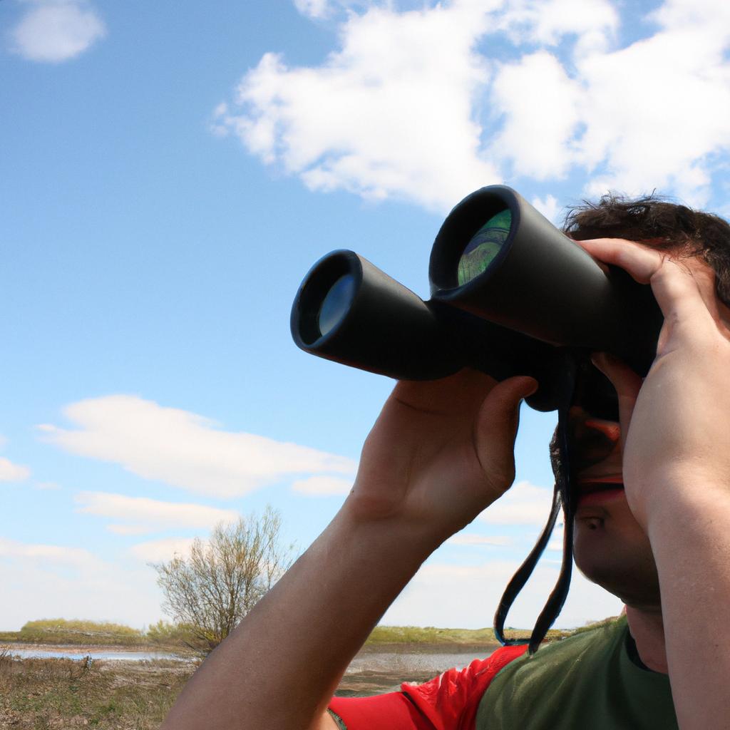Person using binoculars, observing birds