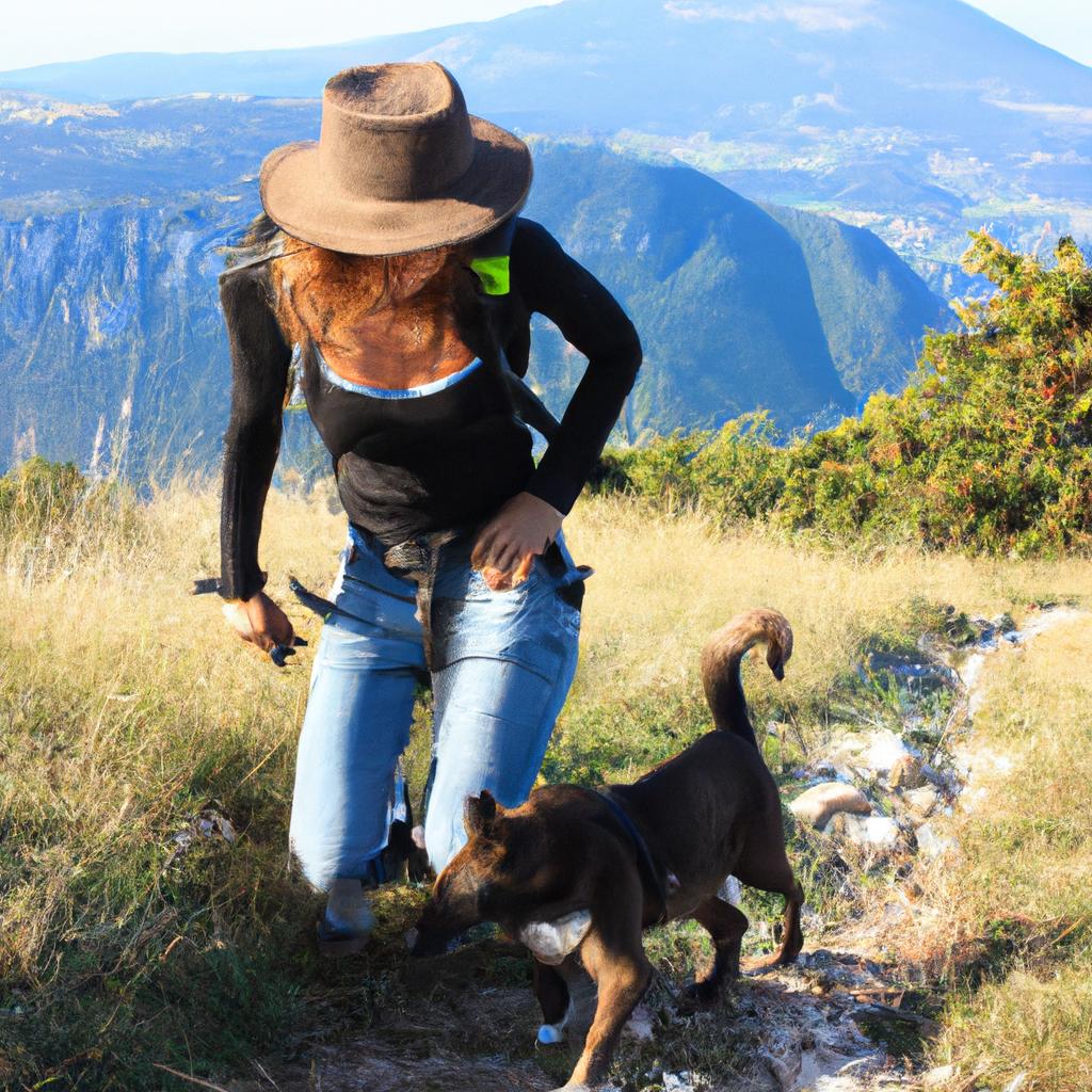 Woman hiking with her dog