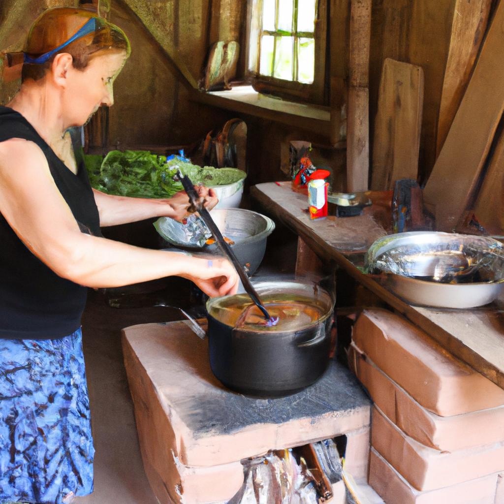 Woman cooking in rural kitchen