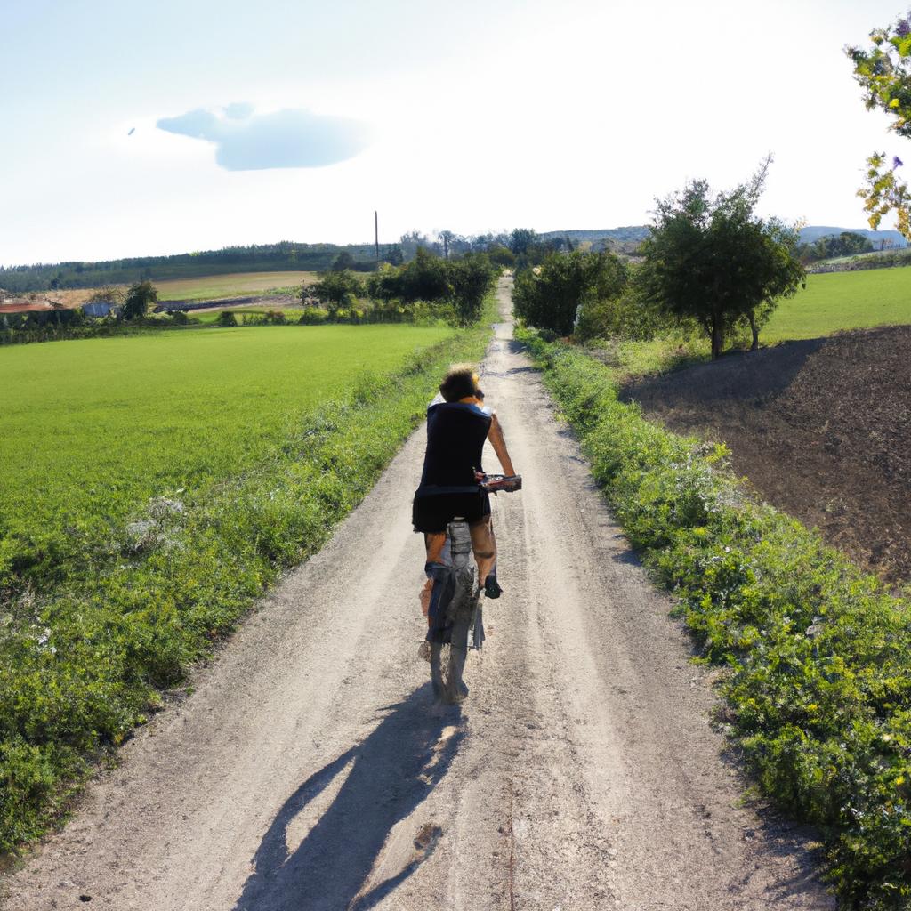 Person cycling in rural landscape