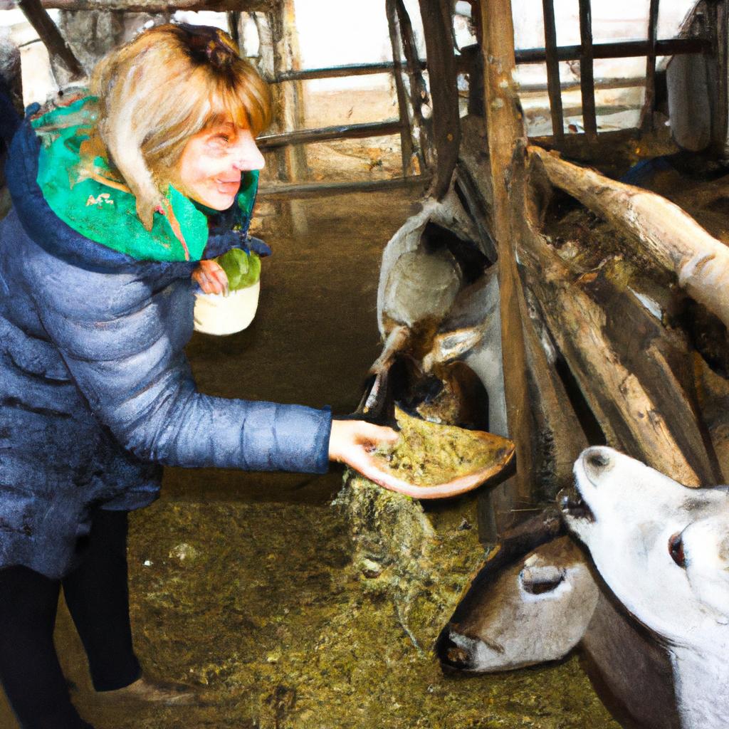 Woman feeding animals on farm