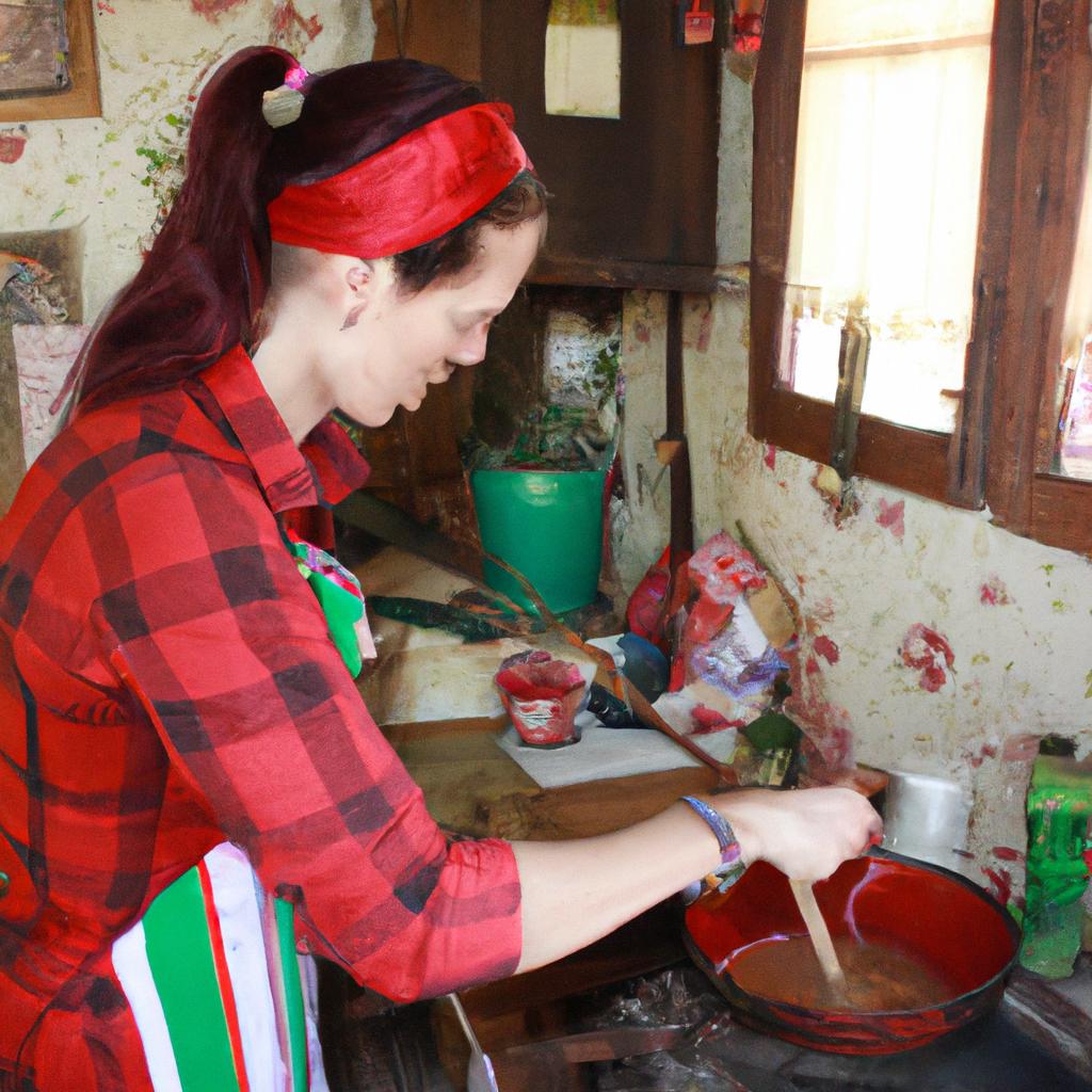 Woman cooking in rustic kitchen