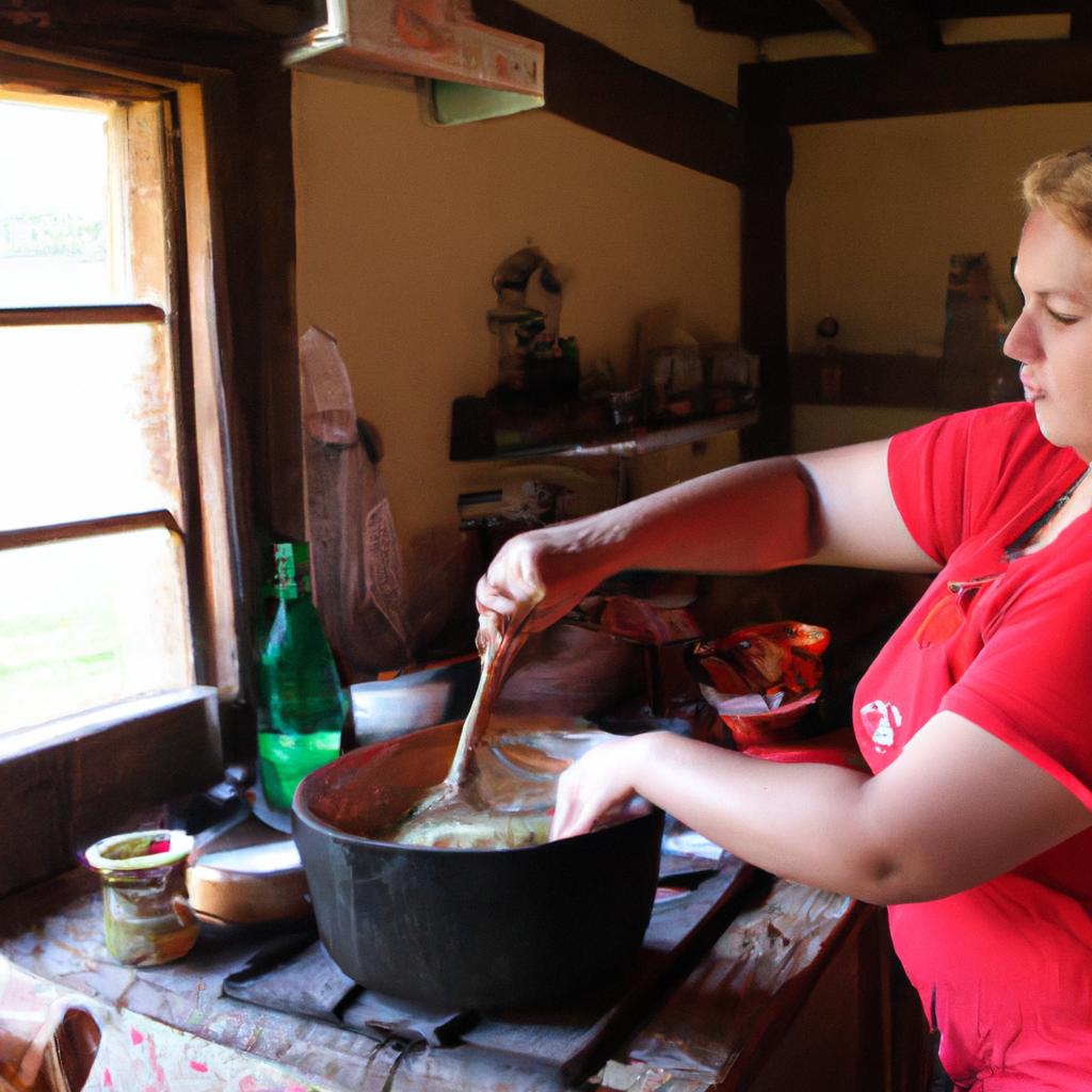 Woman cooking in farmhouse kitchen