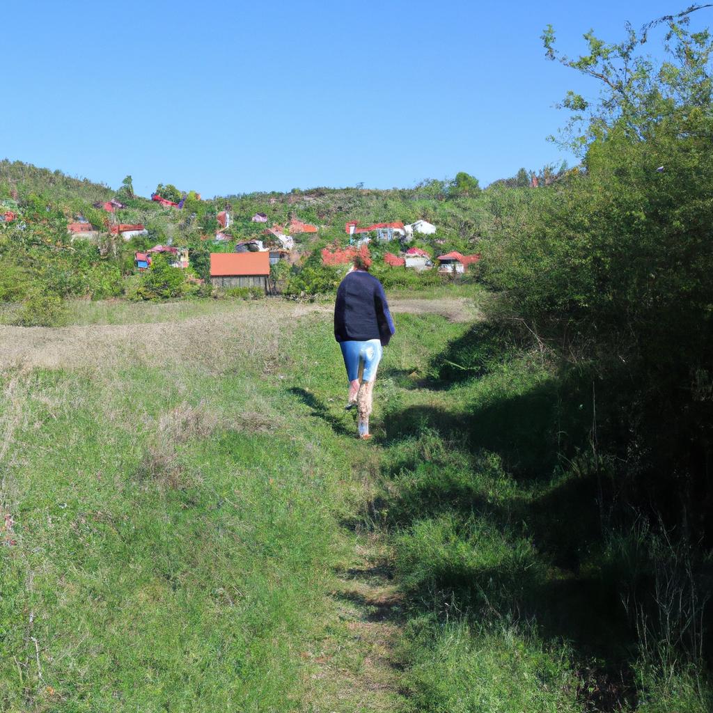 Person hiking in rural landscape