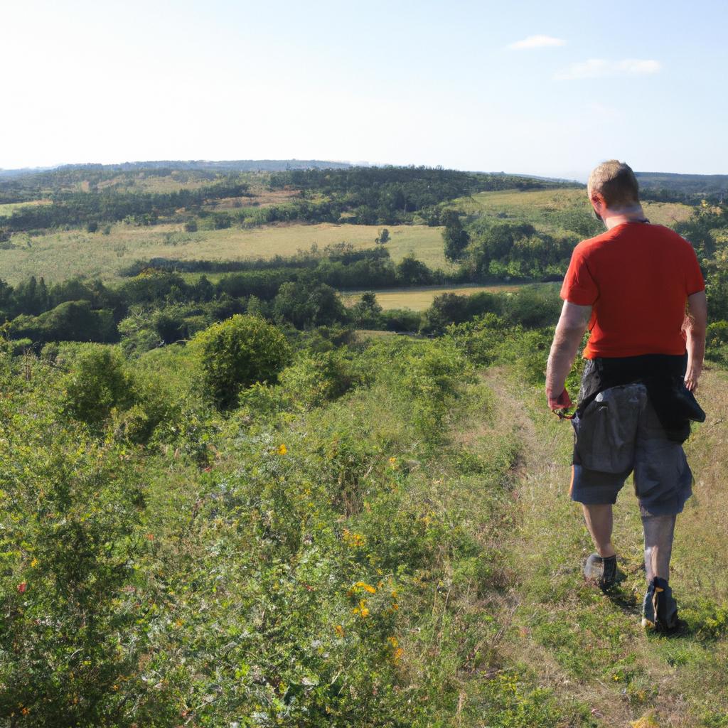 Person hiking in rural landscape
